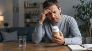 Man looking worried while holding a supplement bottle, showing the hidden dangers of phenibut use